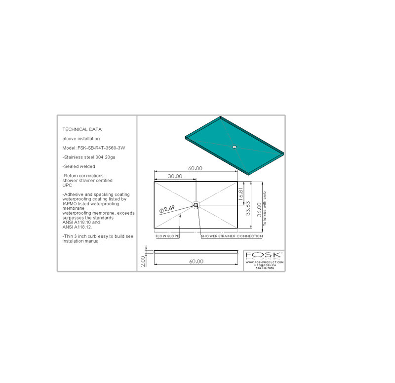 Base de douche l 60 po x p 36 po