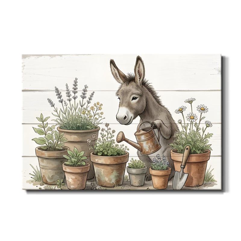 «Gardening Donkey», art sur toile aquarelle fantaisiste