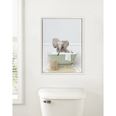 Baby Elephant Big Ears in Cottage Bath by Amy Peterson Framed Canvas Wall Art Print