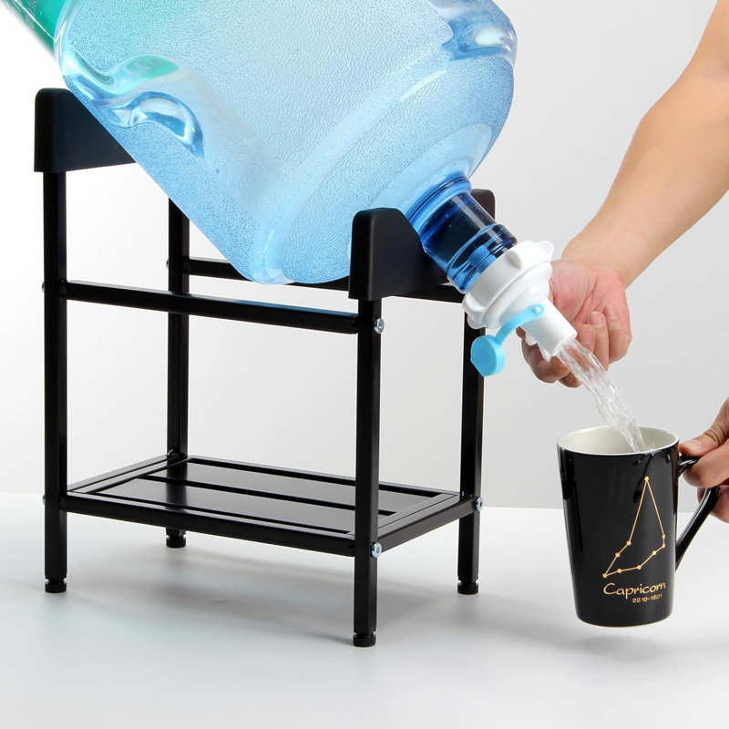 Distributeur de support de cruche d'eau en métal 5 gallons avec tablette, support de refroidisseur d'eau potable avec valves et roulettes verrouillables, support de bouteille d'eau robuste pour comptoir