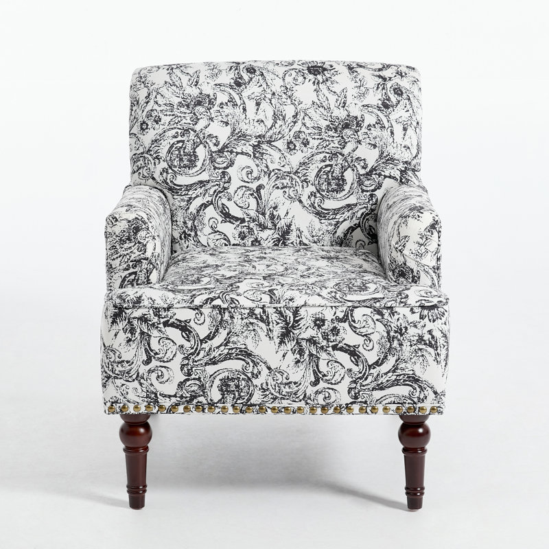 Glenetta Iliana Upholstered Rococo Black Cotton Blend Armchair with Solid Wood Legs and Nailhead Trim, Black Chenille