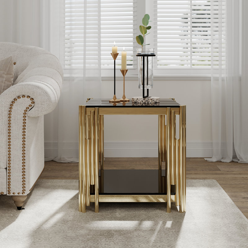 Table de bout carrée à la mode de 20 po avec verre noir et acier inoxydable doré pour le salon et la chambre à coucher