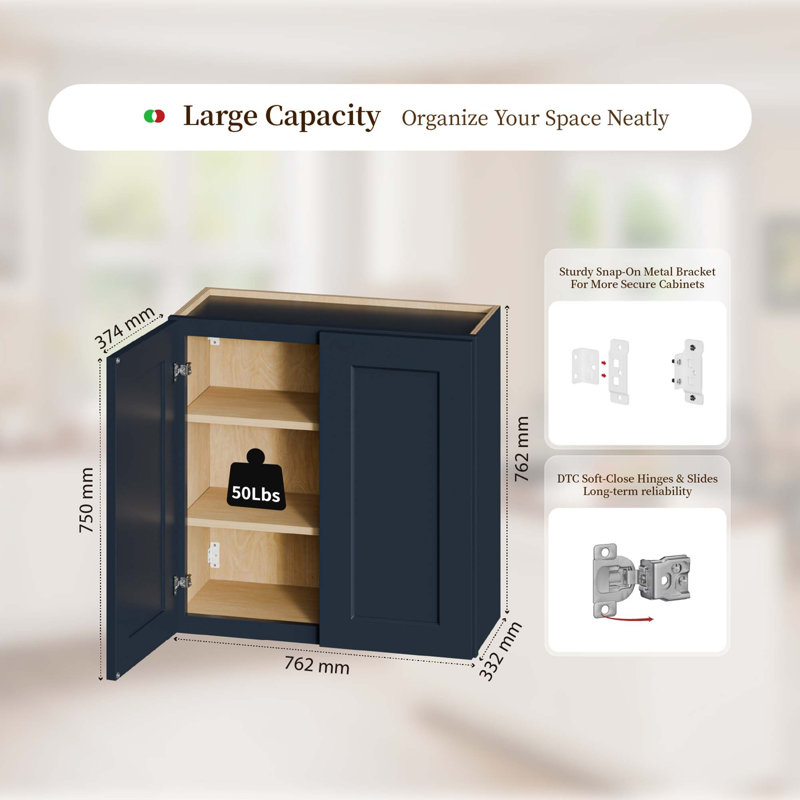 Armoire murale en bois massif de style Shaker avec charnières à fermeture douce, Bleu, H 30 po x l 30 po x P 13,07 po