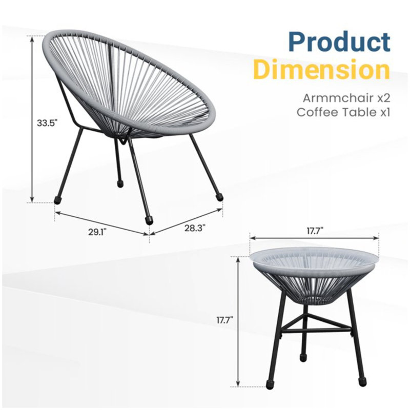 3-Piece Acapulco Wicker Patio Bistro Set with 2 Gray Chairs & Glass Table, Gray