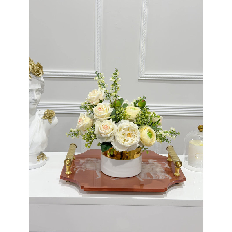 14 Inch Real Touch Rose and Silk Ranunculus Centerpiece in White Gold Ceramic Vase, Faux Floral Arrangement, French Country Modern Classic Dining Table Centerpiece