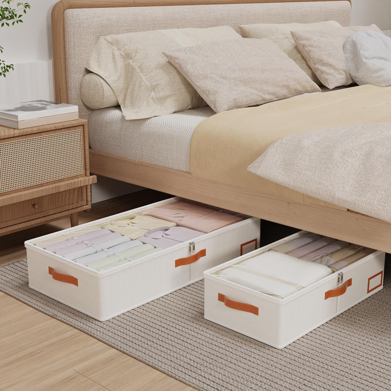 Rangement sous le lit, lot de 2 organisateurs de placard, sacs de rangement pliables, avec fente pour cartes de tri et 4 poignées en cuir, beige