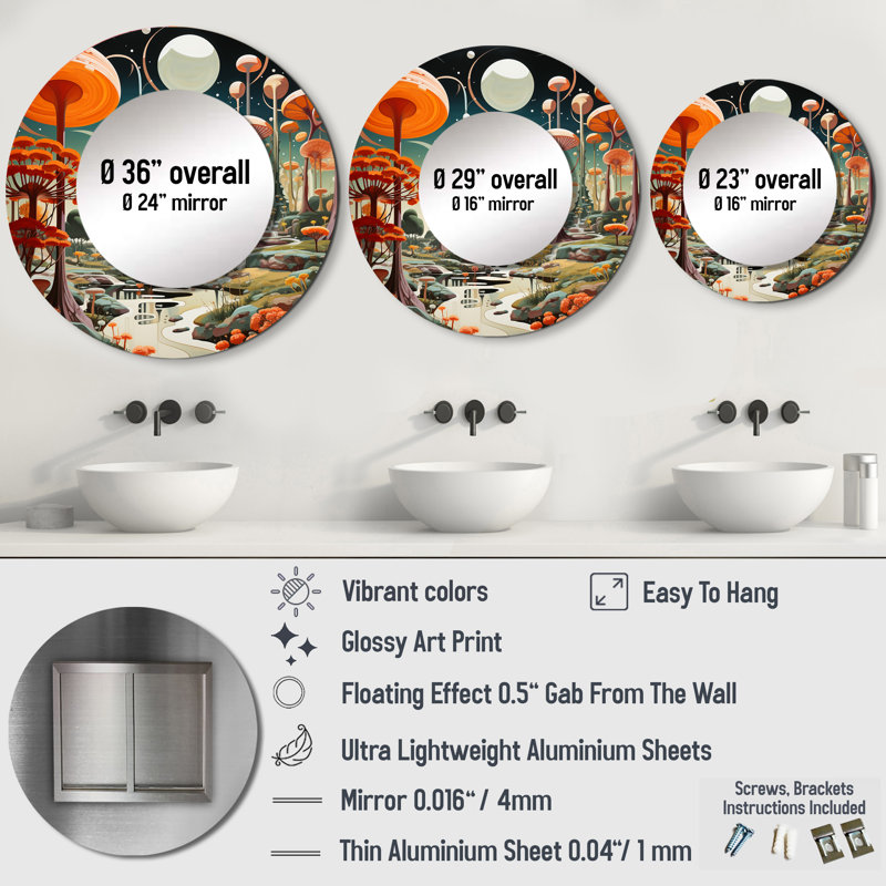 Coloré Mid Mid Century Mid-Century Mushroom Dreams I - miroir Mid-Century moderne, miroir mural rond moderne Mid-Century, impression sur métal