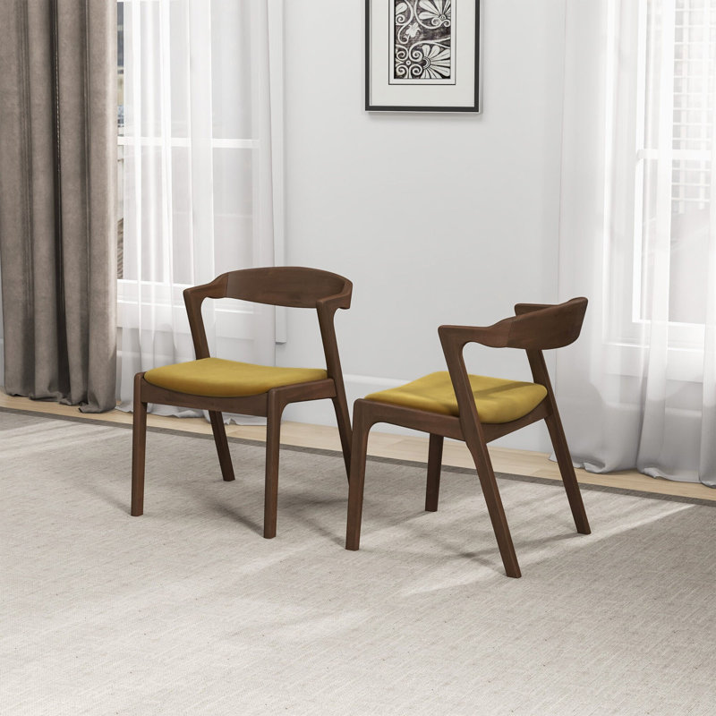 Chaise en bois de noyer massif et chaises d'appoint en cuir de velours jaune (ensemble de 2), Jaune