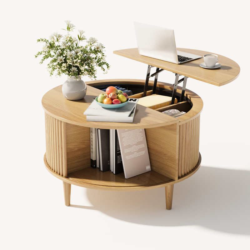 Table basse ronde avec rangement, plateau relevable cannelé, porte d'armoire coulissante, design moderne, naturel, Naturel
