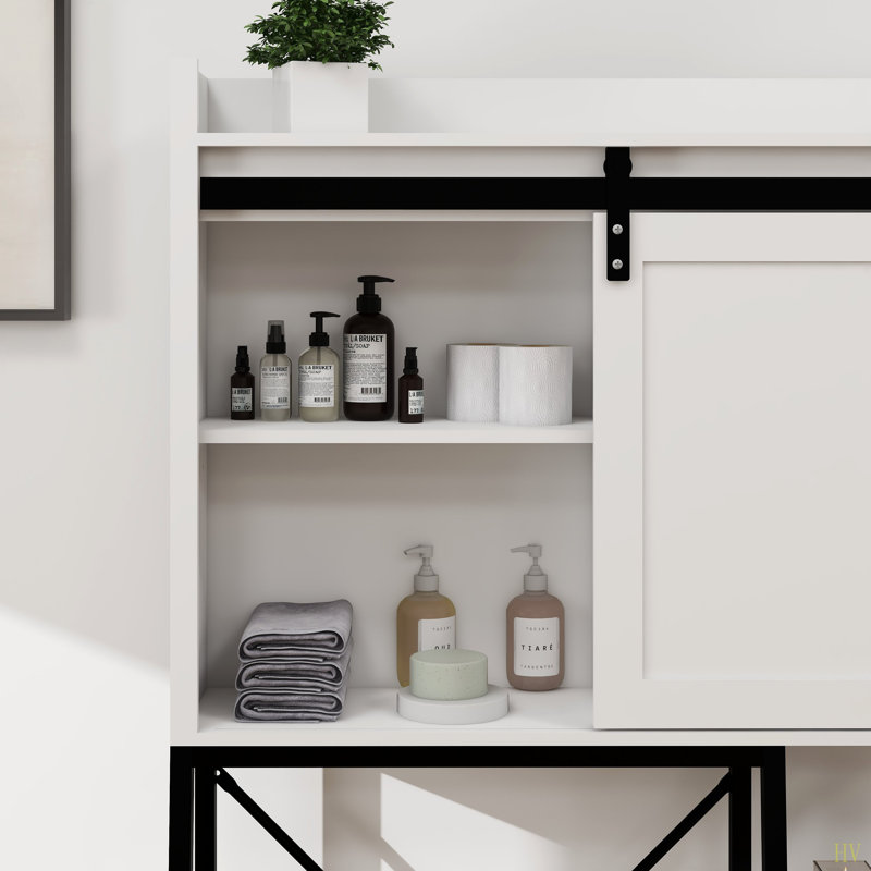 Armoire de rangement au-dessus de la toilette, tablettes de salle de bain au-dessus de la toilette avec porte de grange coulissante, tablettes réglables et support de rangement latéral