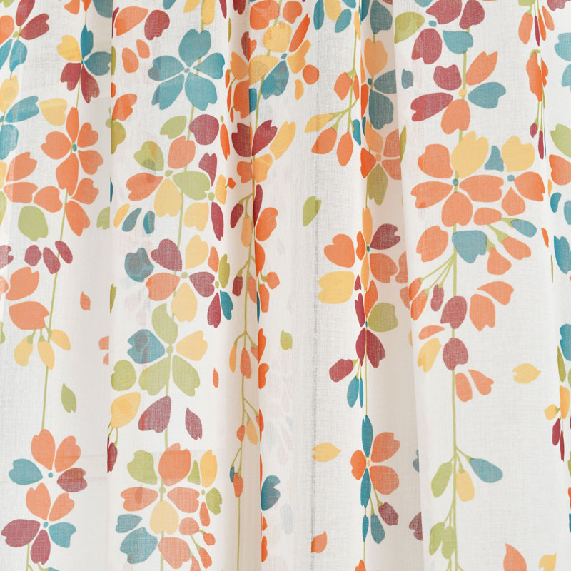 Paire de rideaux transparents avec passe-tringle Floral, Turquoise/Mandarine