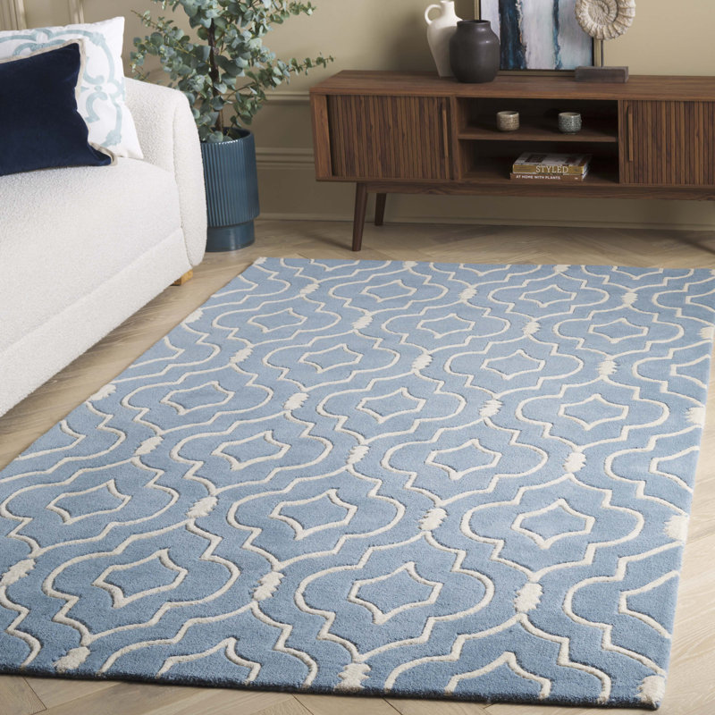 Blue and Ivory Hand-Tufted Wool Geometric Rug
