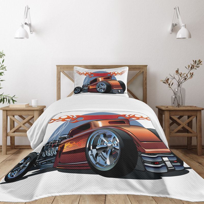 Twin White Polyester Hot Rod Car Bedspread Set