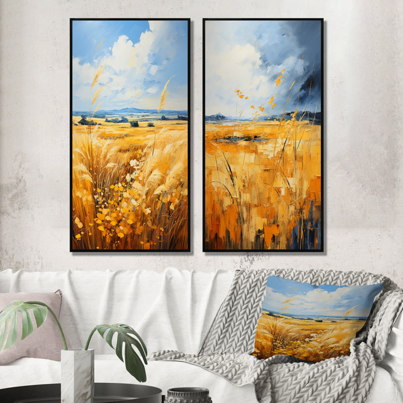 «Yellow Blue Prairies Gold And Sky», 2 pièces sur toile, Cadre noir, H 20 po x l 24 po
