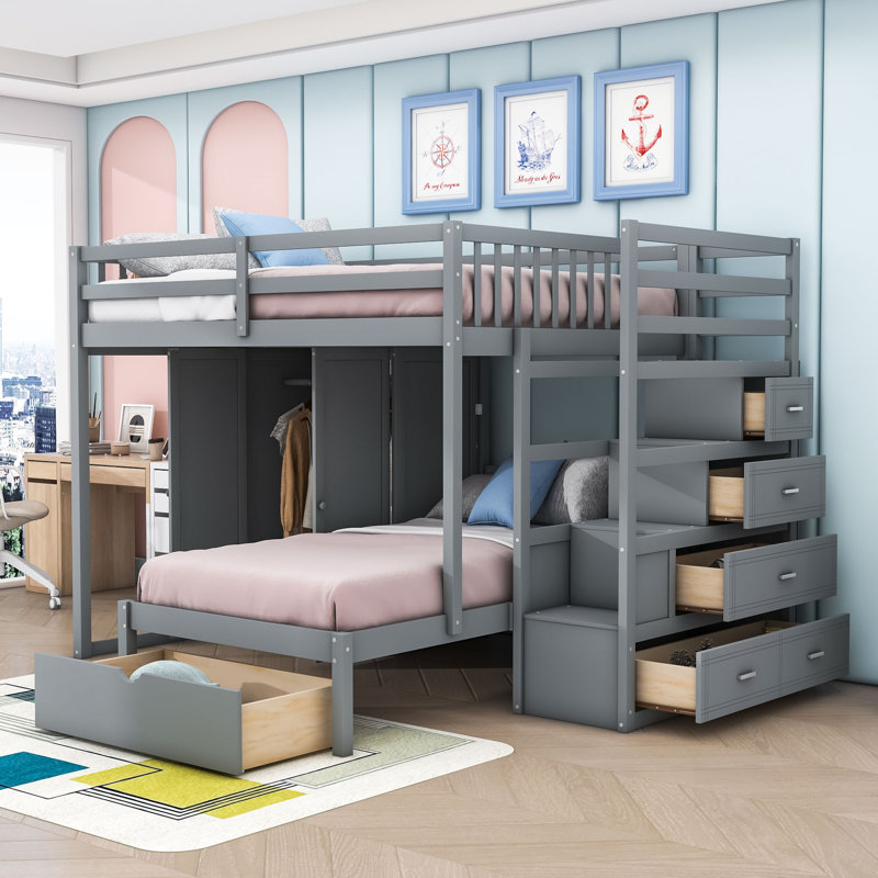  Lit superposé double Kalavati avec tiroirs de rangement et garde-robe, gris
