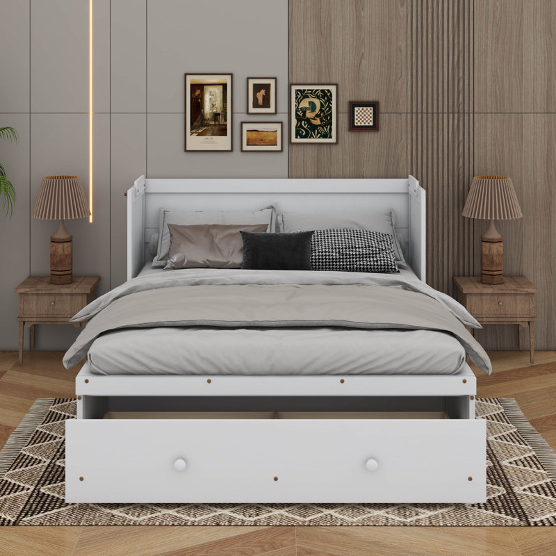 Lit escamotable avec port USB et tiroir, Blanc, Double