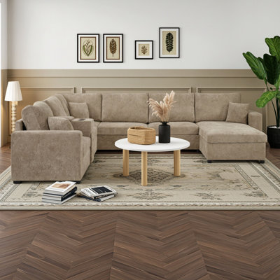 Sofa de coin avec porte-gobelets intégrés, tiroir de rangement et coussin