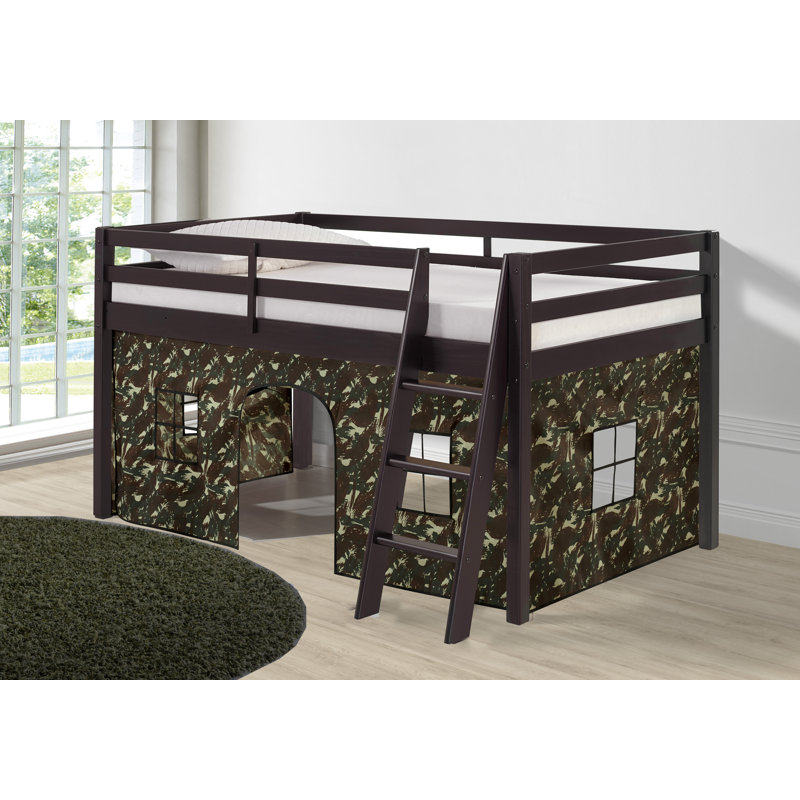 Lit mezzanine simple en bois de pin brésilien avec tentes interchangeables Gladwin, Espresso, Vert camouflage