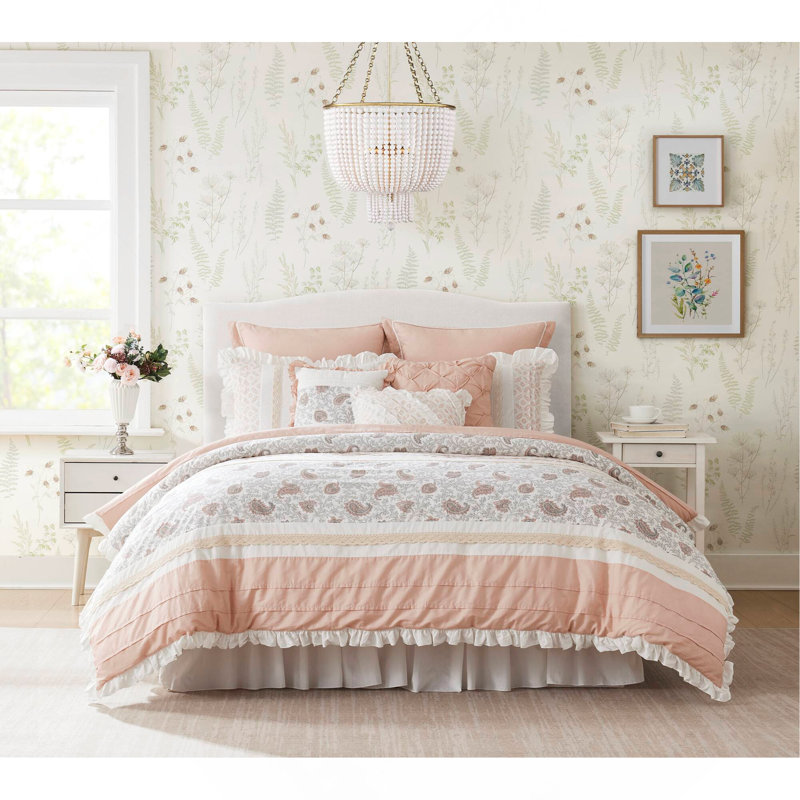 Ensemble d'édredon 9 pièces en percale de coton avec motif et dentelle, taille grand