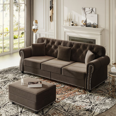 Upholstered Velvet Sofa with Nailhead Trim and Rolled Armrests,Mid-Century Modern Chesterfield Sofa with Button Tufted,Includes 3 Pillows(1 Ottoman)