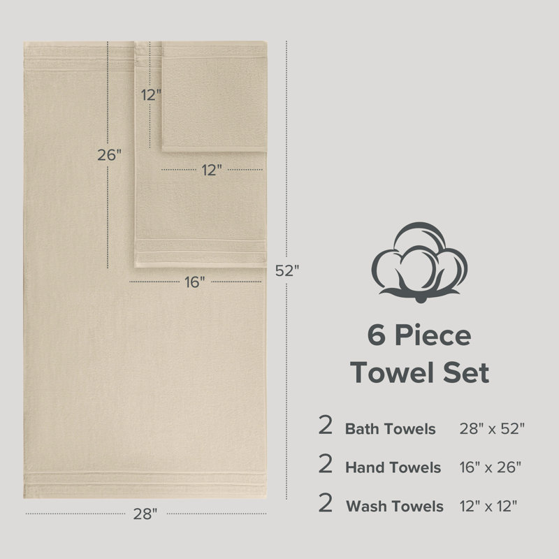 400GSM Essential Bundle Quick Dry 100% Cotton Towel Set, 6 Piece Towel Set, Beige