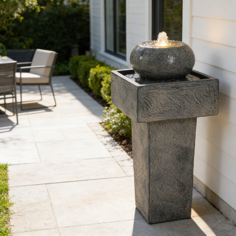25.59"H Modern Concrete Column Fountain,LED Outdoor Oasis