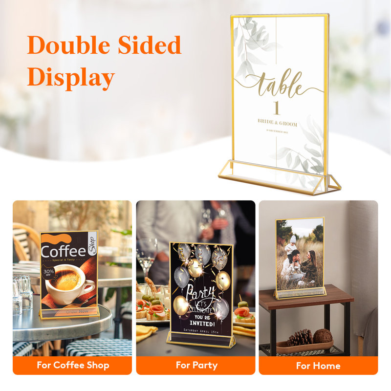 6 Pack A5(14.8 X 21cm) Acrylic Sign Holder With Gold Borders, Clear Vertical Double-sided Stand, Plastic Menu Holders, Table Number Holders Picture Frames For Wedding, Party, Restaurant Decor