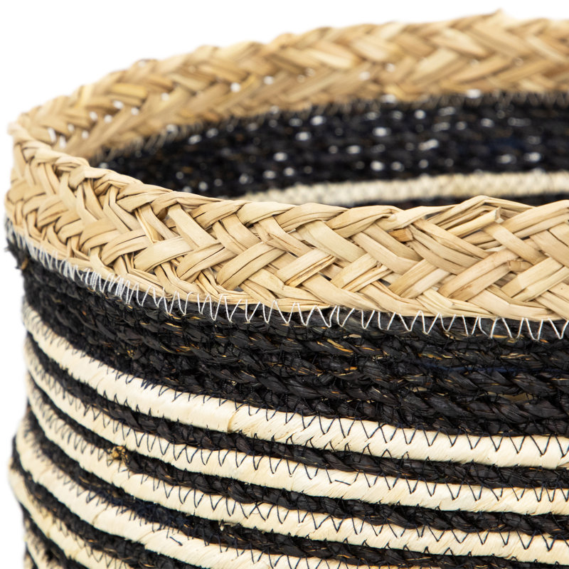 Set Of 3 Tan And Black Striped Seagrass Storage Baskets With Braided Trim 17"