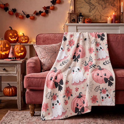Halloween Throw Blanket 50" x 60" Pink Pumpkin Lace Ghost Blanket Halloween Soft Cozy Blankets Lace Ghost Plush Cute Pumpkin Spider Webs Spooky Gifts for Home Sofa Chair Bed Decor