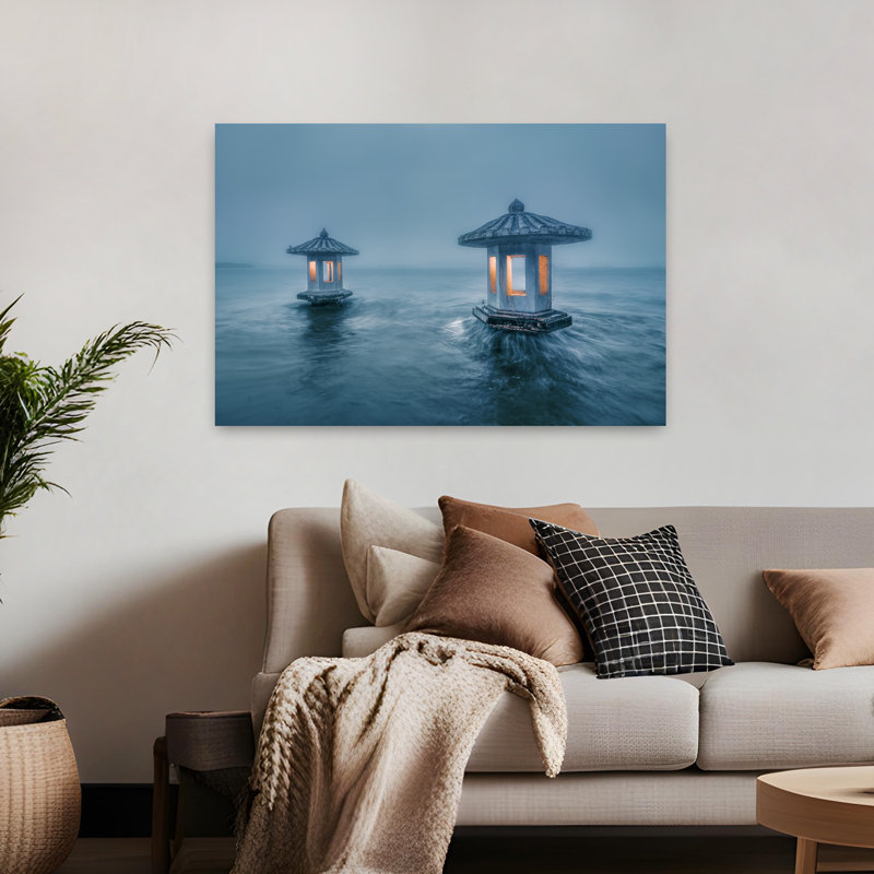«Misty Lake Lanterns Ethereal Mystical Peaceful Landscape Nature», art mural, H 32 po x l 48 po