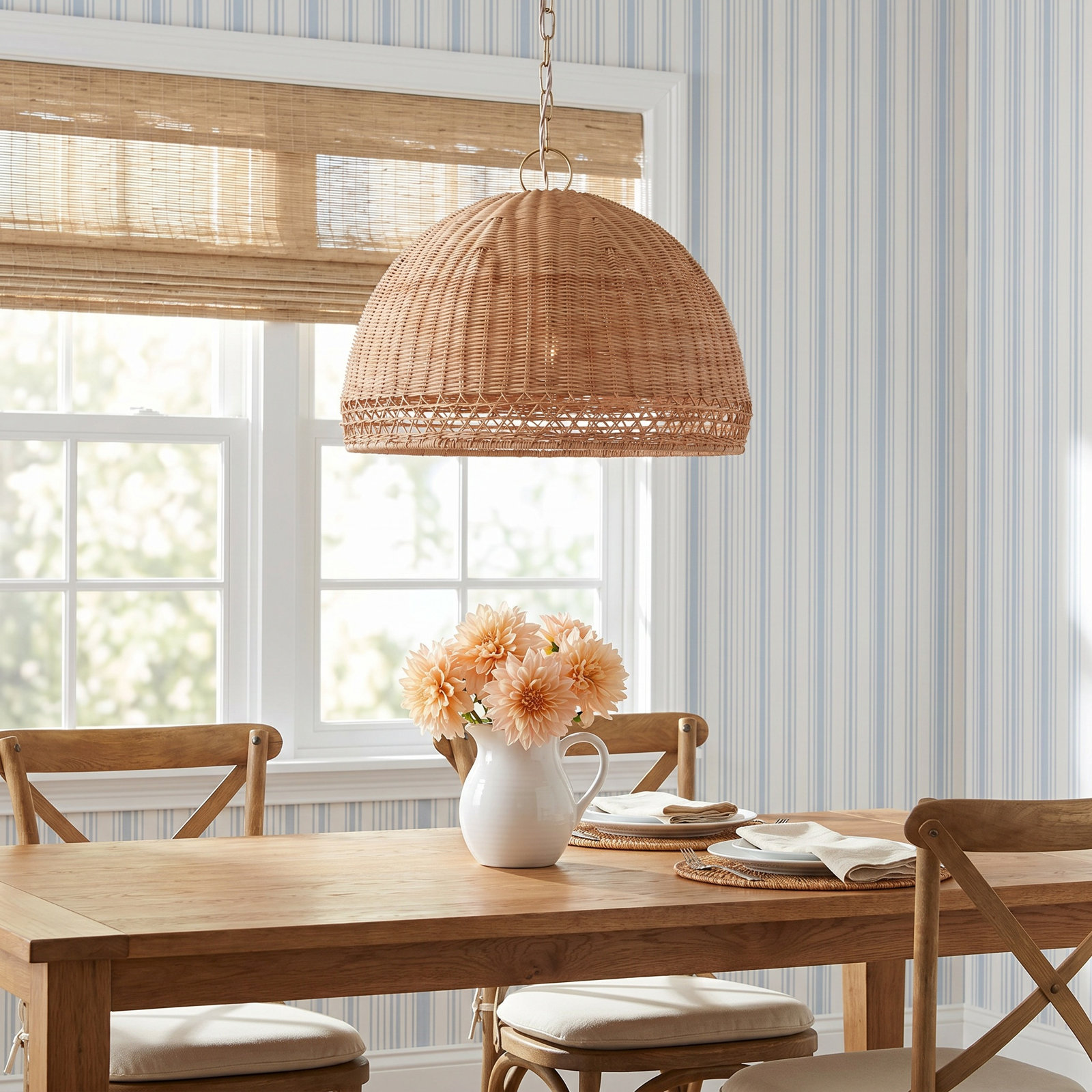 Augusta Rattan/Wicker Dimmable Pendant, 1, 14"H x 22.25"W x 22.25"D