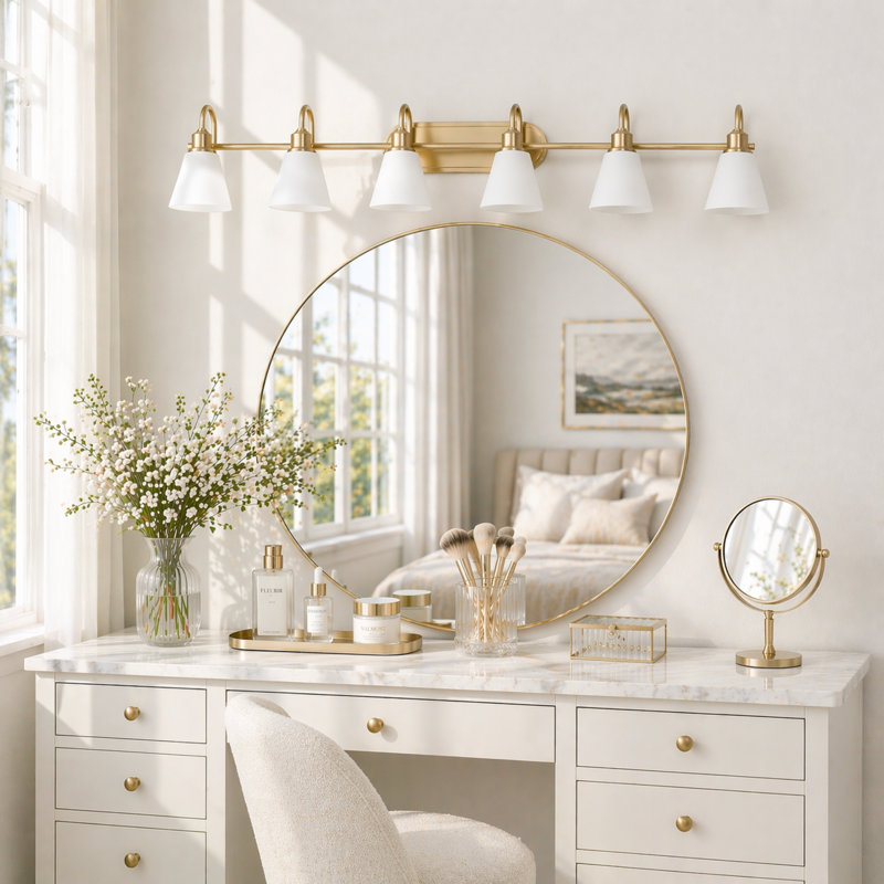 6 - Light Dimmable Vanity Light with Frosted Glass Shades, Brushed Gold