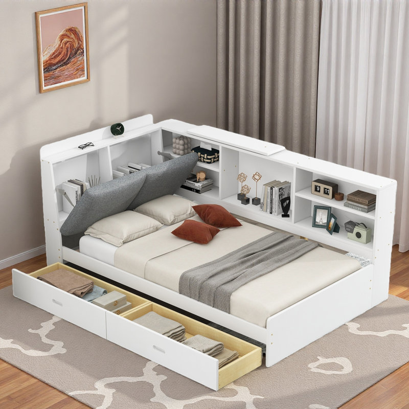 Lit plateforme avec 2 tiroirs, tablettes de rangement, tête de lit tapissier et plateau de rangement rotatif, Lit simple