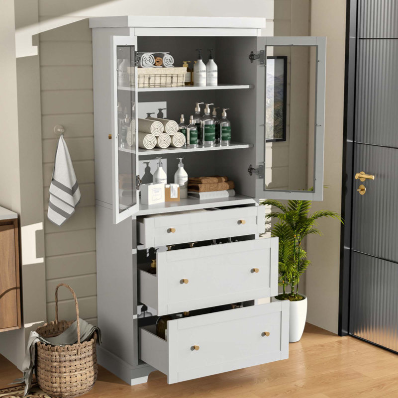 Modern High Freestanding Tall Bathroom Cabinet With 2 Adjustable Shelves, 3 Drawers, Soft Close Glass Doors – Ideal For Bathroom, Living Room, Kitchen Storage