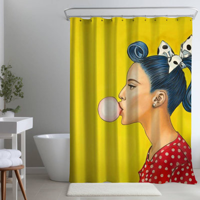Retro Blue – Retro Woman with Ponytail – Polyester Shower Curtain, Dye Sublimation Print, 71" W × 74" L