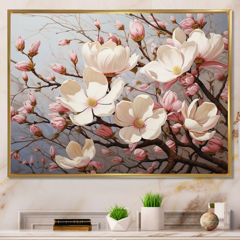 Blanc, rose, magnolia Magnolia Symphony I - art sur toile Magnolias, H 16 po x l 32 po x P 1 po, Cadre flottant doré