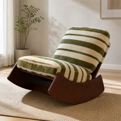 Fauteuil à bascule en velours côtelé rayé de style vintage – Structure en bois massif, mouvement silencieux, idéal pour l'allaitement et les moments de détente des mamans et des bébés ; Dimensions : 90 cm (L) x 62 cm (L) x 72 cm (H)