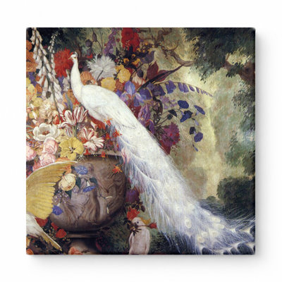 White Peacock and Cockatoo with Floral Urn — Square Canvas Wall Art