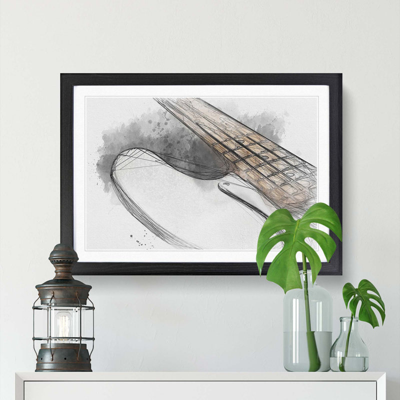 Strings of a White Bass Guitar in Abstract - Framed Print, 27cm H x 36cm W x 2cm D, Black Framed