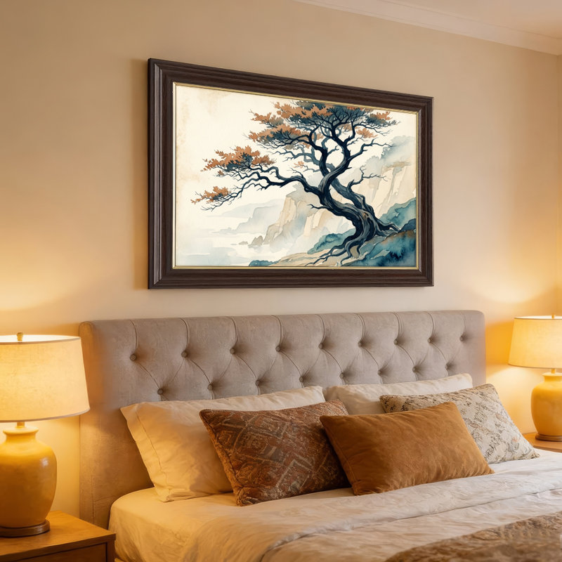 Art mural antique sur toile encadré doré pour le salon, la chambre à coucher, le bureau ou le vestibule - décoration murale décorative avec arbre de montagne