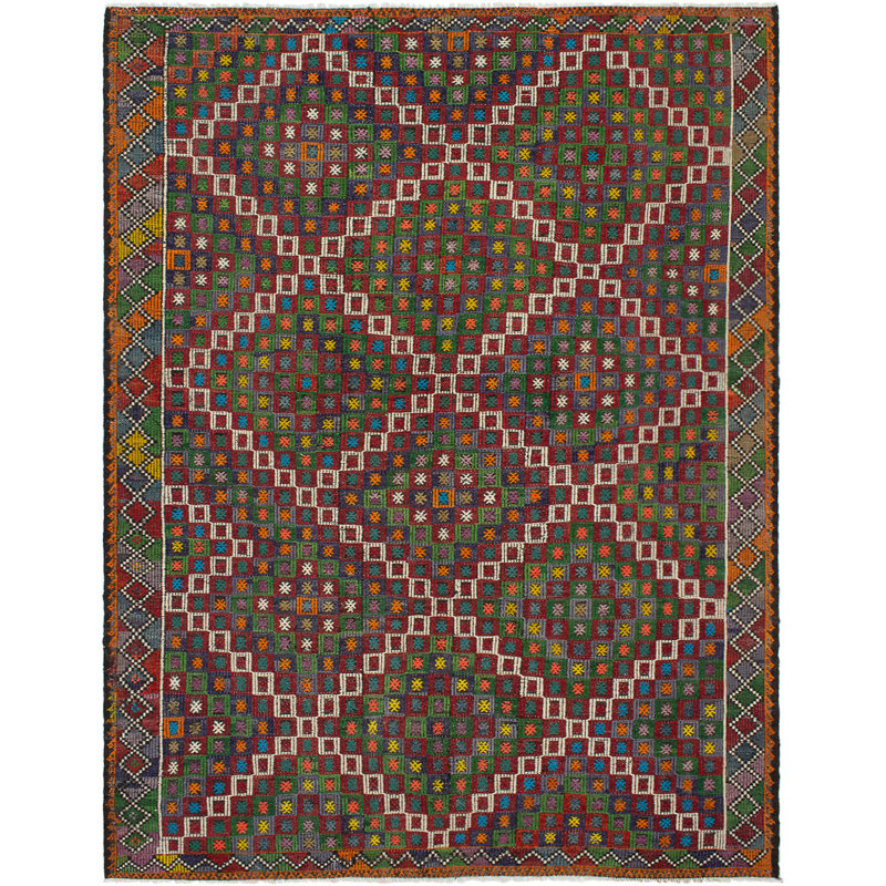 Tapis rouge / vert / mauve en laine tissé à la main Politte
