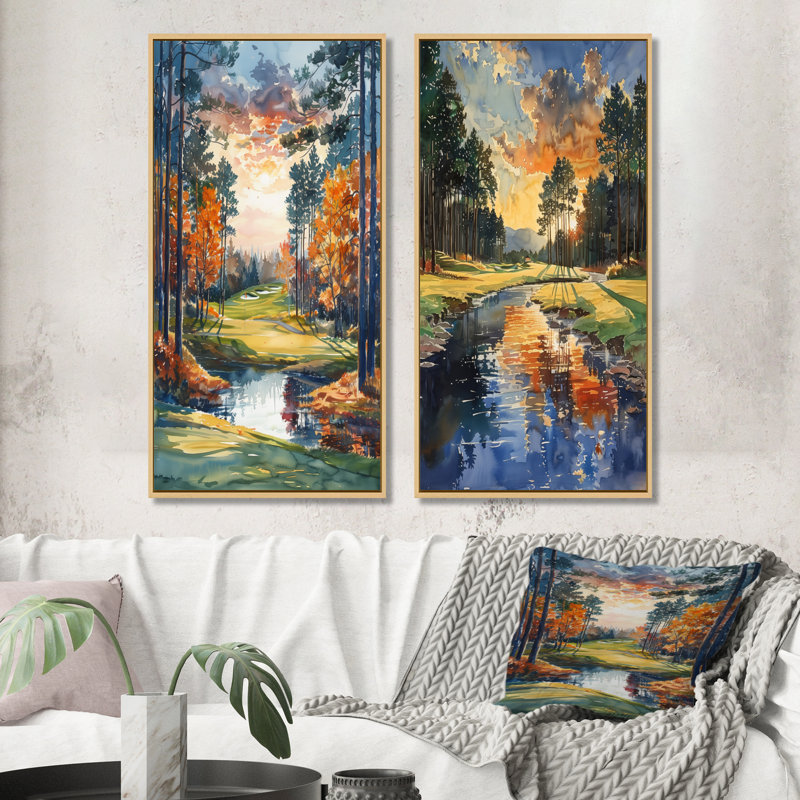 Ensemble de 2 pièces d'art mural Green Golf Autumn Golf Haven Country Club I, H 32 po x l 32 po, Impression encadrée, Érable