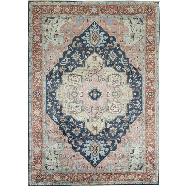 Tapis bleu et rouge noué à la main de haute qualité