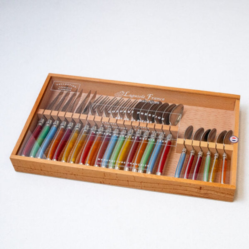  Ensemble de couverts 24 pièces, arc-en-ciel dans une boîte en bois avec couvercle en acrylique, Multi-couleur