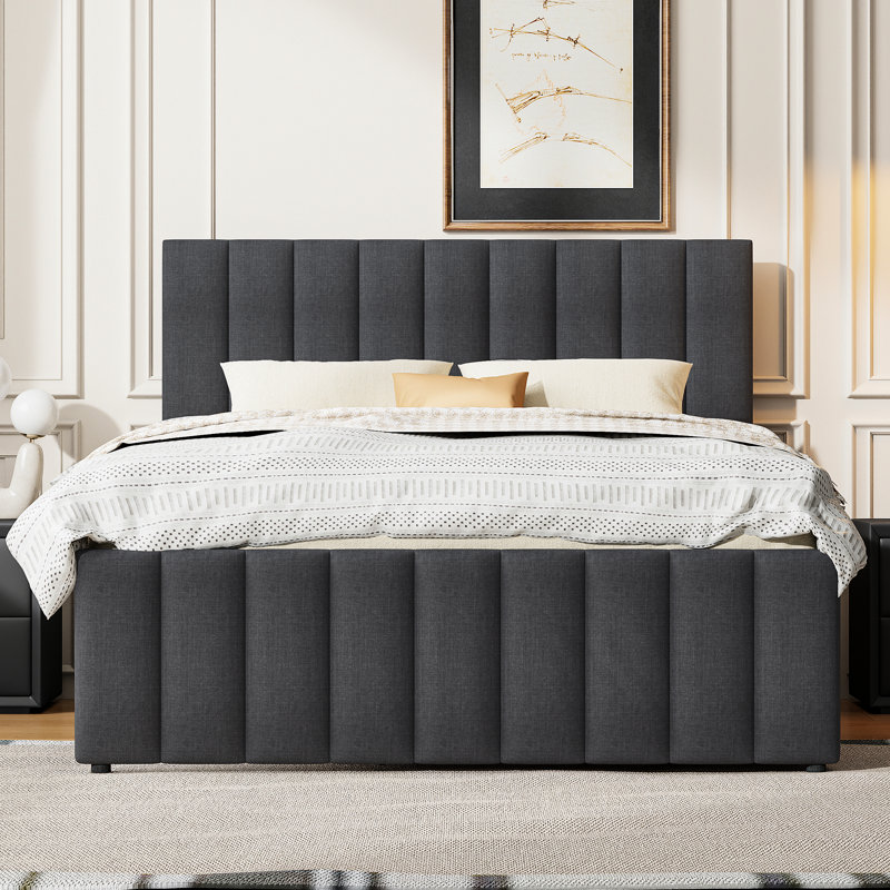 Lit rembourré avec lit gigogne et 3 tiroirs en lin gris - Espace pour la chambre à coucher