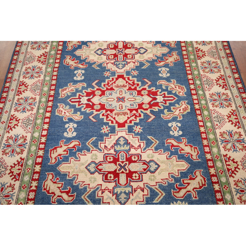 Tapis oriental bleu à motif géométrique Kazak 5