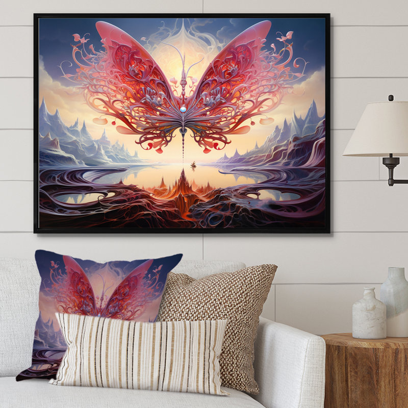 Papillon rose majestueux et futuriste, Cadre flottant noir, H 16 po x l 32 po x P 1 po