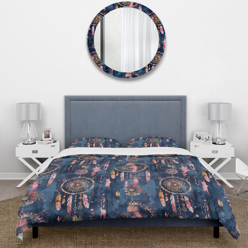 Ensemble de housse de couette Boho rose doré et bleu Dreamcatcher I - Boho, Housse de couette très grand + 2 taies décorativ
