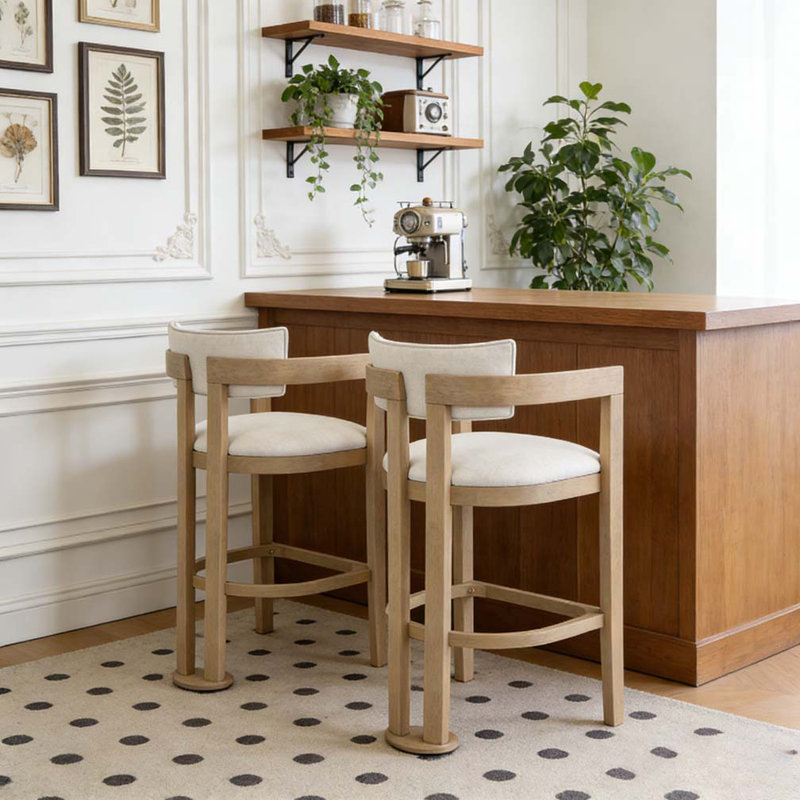 30" Wooden Frame and Upholstered barstool, Beige,Natural Ash