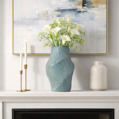 Sculptural Ceramic Ribbed Tall Table Vase for Home Tabletop Decor - Modern Twist Flower Vase for Living Room, Bedroom, or Entryway Accent